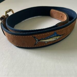 ZEPPELIN Leather on Blue Canvas Embossed and Embroidered Marlin Belt.